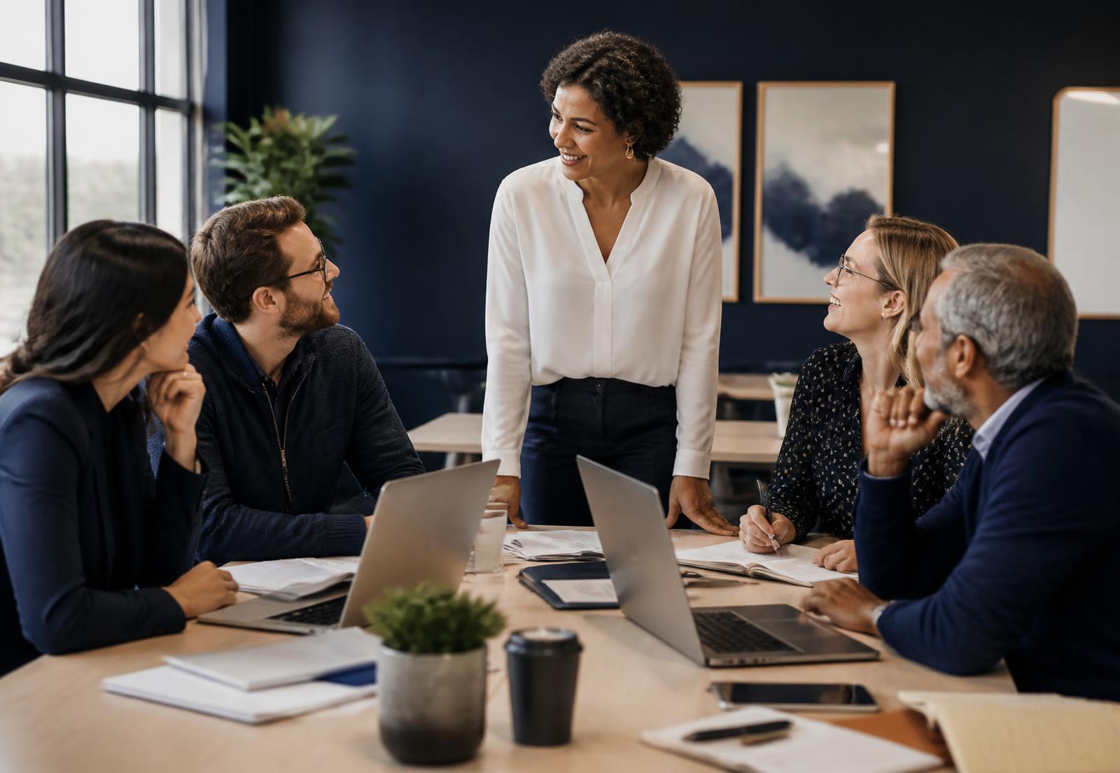 A facilitator leading a group of professionals through a hands-on AI training session